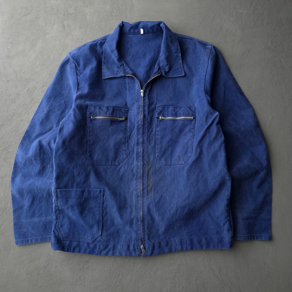 Vintage 1960s French Blue Cyclist Work Jacket Zip Up Chore Coat Canvas